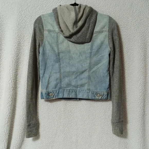 Mudd Size Small Hooded Jean Jacket with Knit Sleeves Button Up with Pockets - Picture 3 of 9